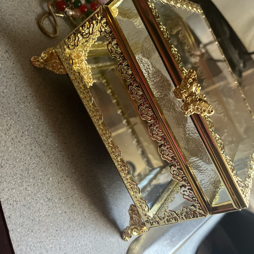 Elegant vintage Gold and Glass Jewelry Box